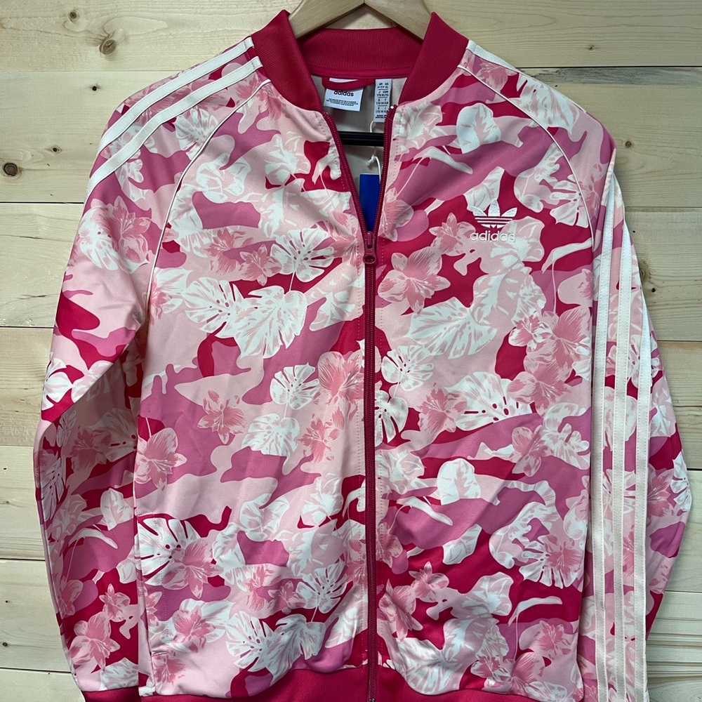 Adidas Pink and White Bomber Jacket with Camouflage Design